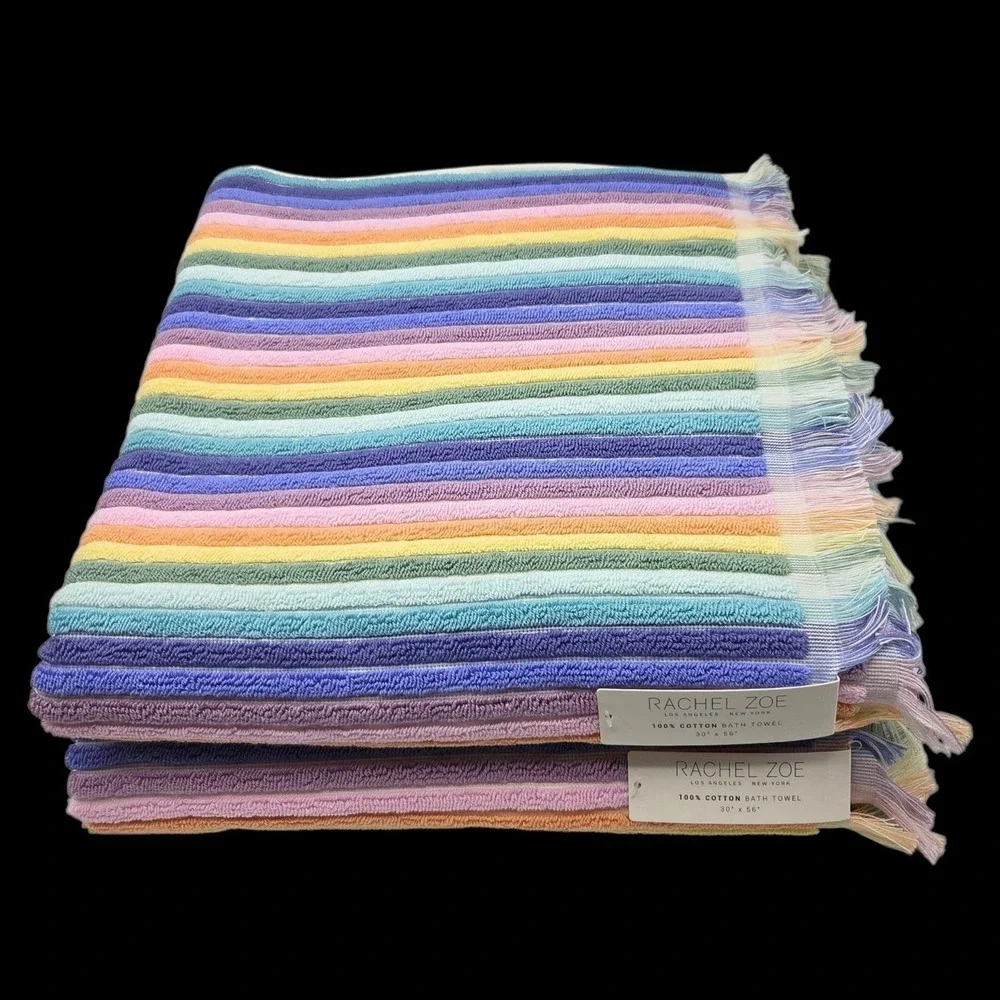 Rachel Zoe 8pc Rainbow Striped Fringe Cotton Towel Set 2 Bath 4Wash 2Hand Multi